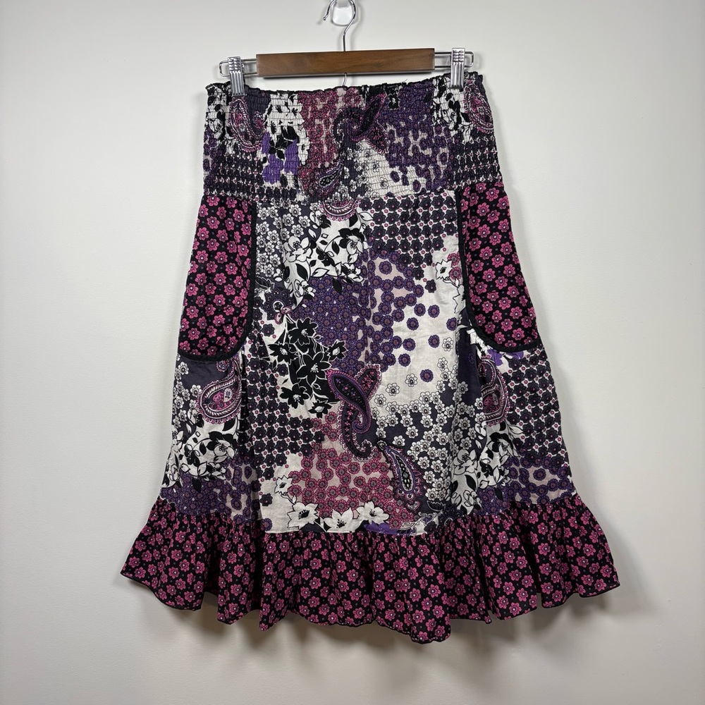 Boho Patchwork Indie Coquette Y2K Inspired Tiered Midi Skirt Pockets